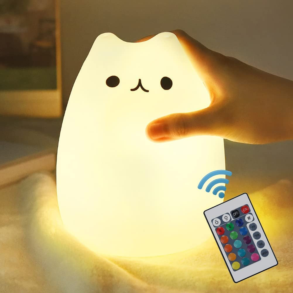Adorable Cat Lamp Set -  Remote Control Silicone Night Light for Kids & Toddlers - Rechargeable Kawaii Design - Perfect for Baby Girls - 4 Piece Set
