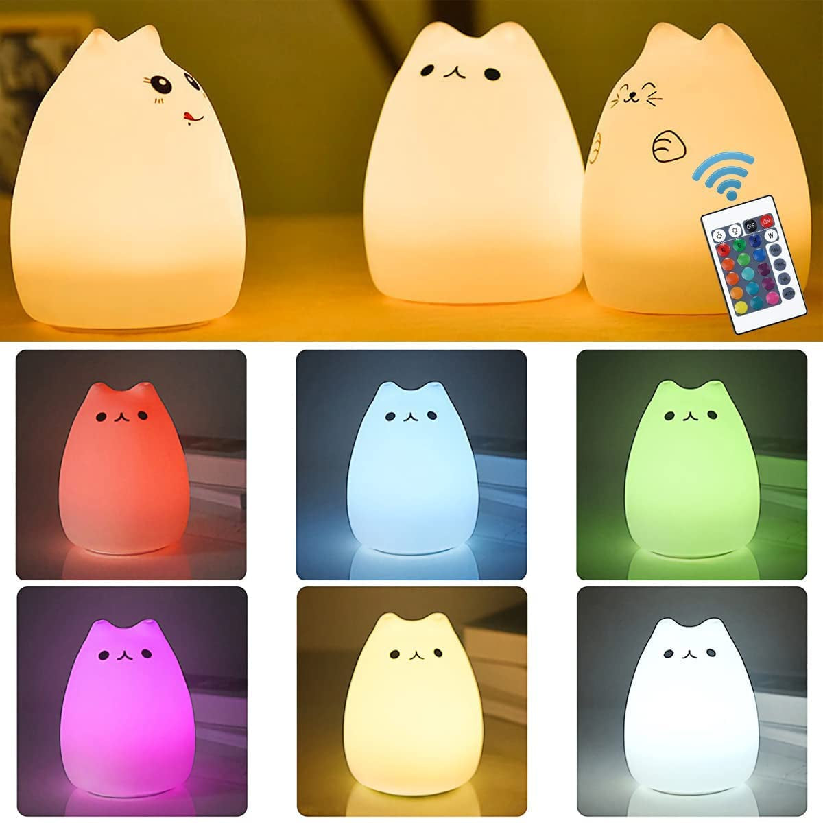Adorable Cat Lamp Set -  Remote Control Silicone Night Light for Kids & Toddlers - Rechargeable Kawaii Design - Perfect for Baby Girls - 4 Piece Set